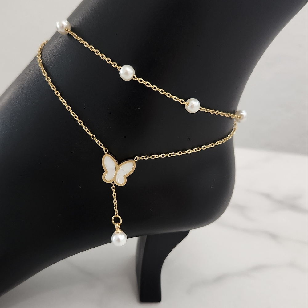 Gold Plated Butterfly Artificial Pearl Layered Design Anklet - Picture 4 of 13
